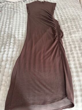 Brown Ruched Midi Dress - Brand: